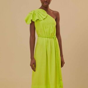 FARM Rio One-Shoulder Neon Lime Ruffle Dress with Braided Belt